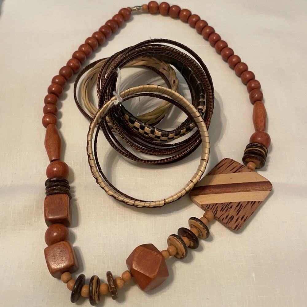 Wooden Necklace and Straw bracelets
